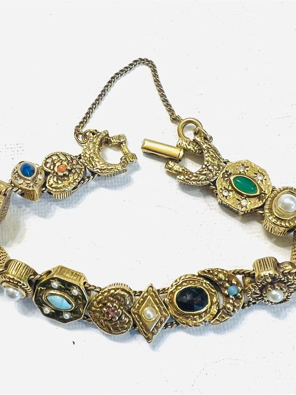 Vintage Signed Goldette NY Multiple Gemstones Safety Chain Slide Charm Bracelet